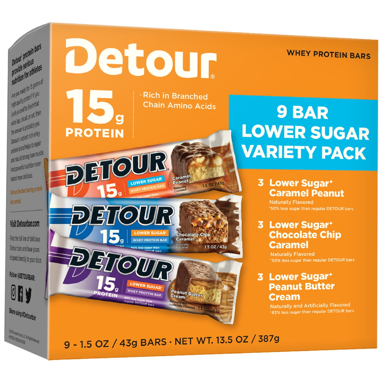 Detour Lower Sugar Protein Bar, Variety Pack, 15g Protein, 9 Ct