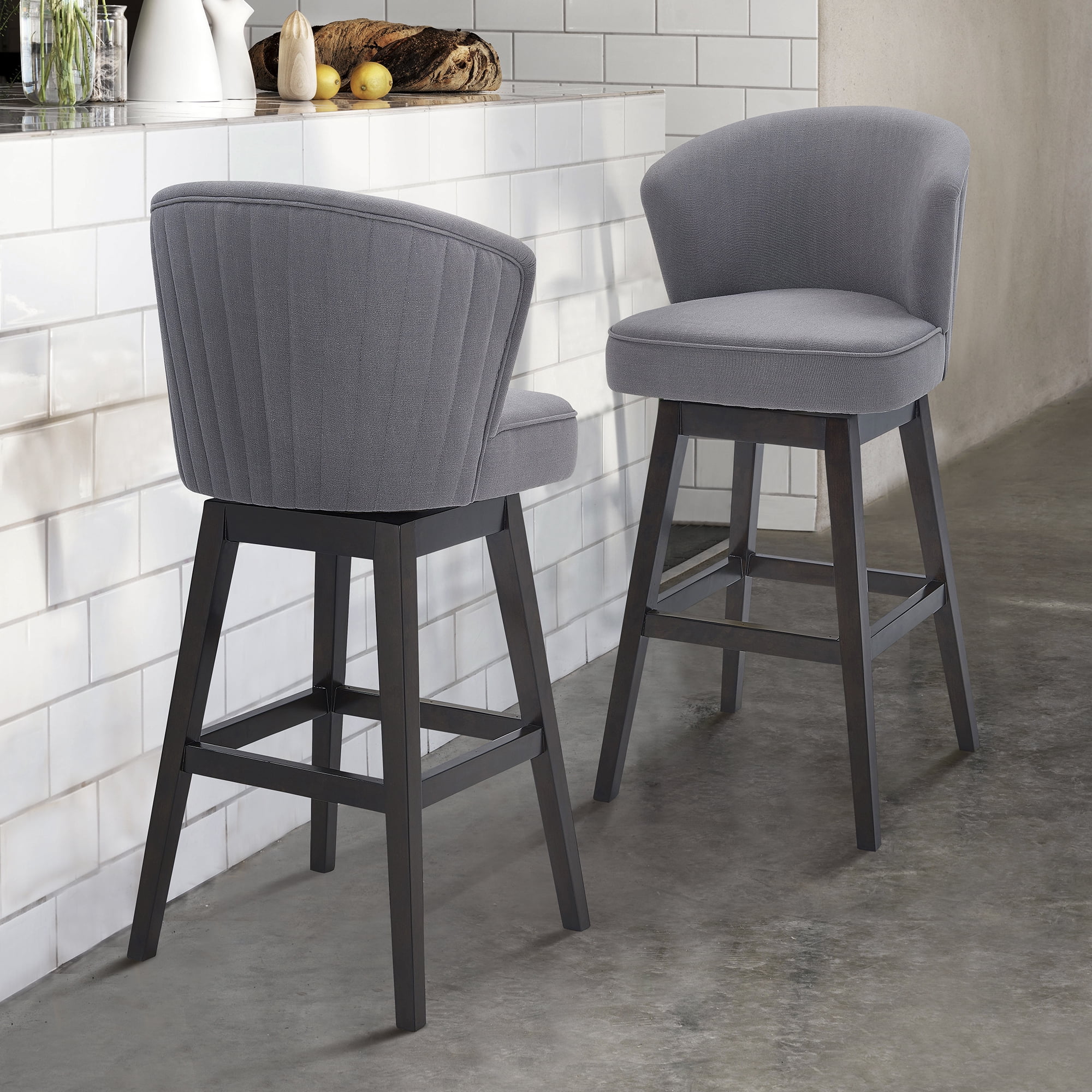 Detroit 30" Bar Height Wood Swivel Barstool in Espresso Finish with Grey Fabric