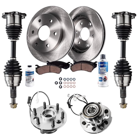 Detroit Axle - 10PC Front CV Axle Shafts, Wheel Hub & Bearings, Disc Brake Kit Rotors w/Ceramic Pads w/Hardware & Brake Kit Cleaner for 1995-1999 Chevy GMC K1500 Suburban 6 LUG