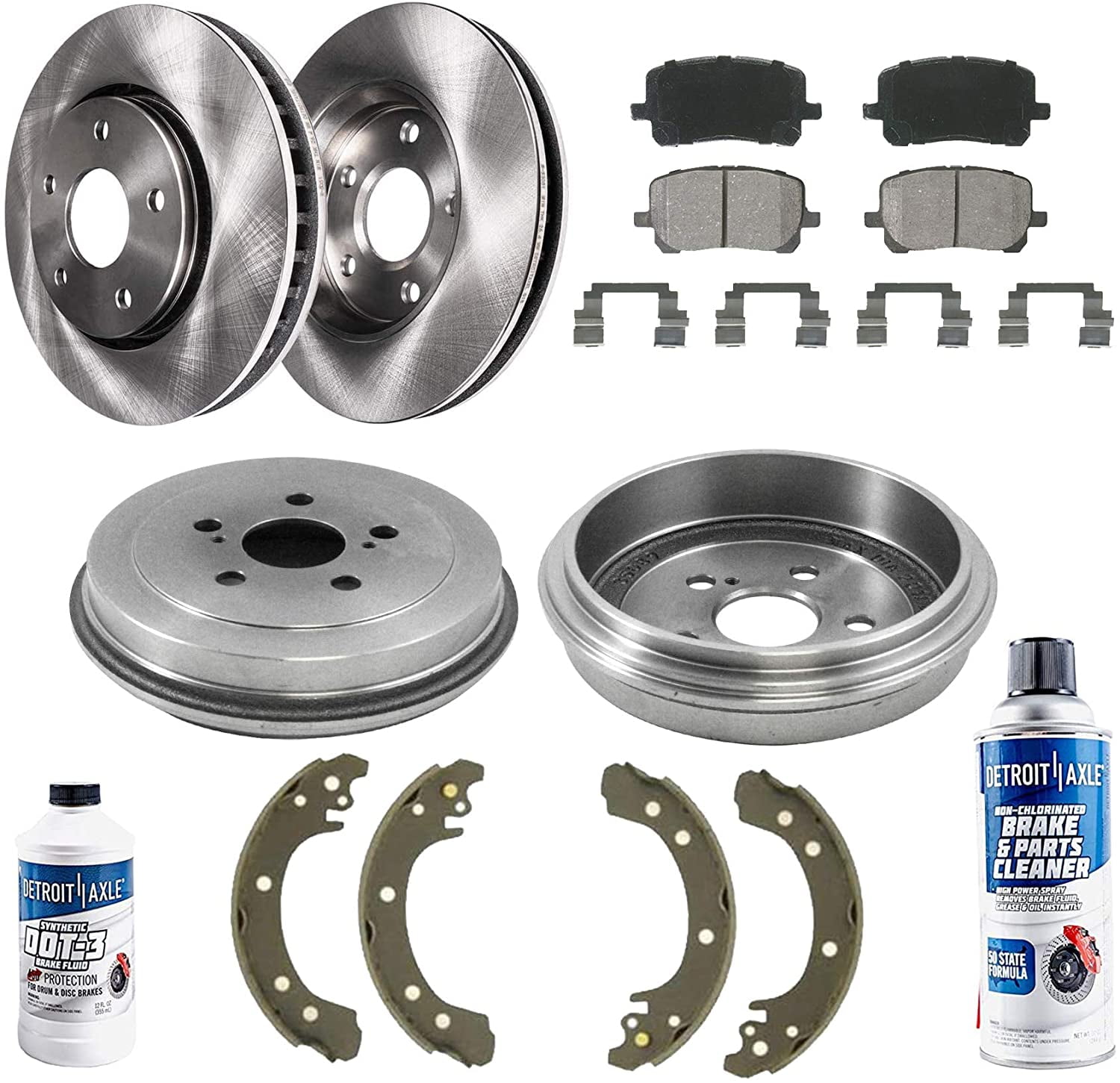 Detroit Axle - 10pc Brake Kit for 2003-2008 Toyota Corolla Front Disc Rotors Ceramic Brake Pads Replacement 2003 2004 2005 2006 2007 2008 Rear Brakes Drums Semi-Metallic Brake Shoes