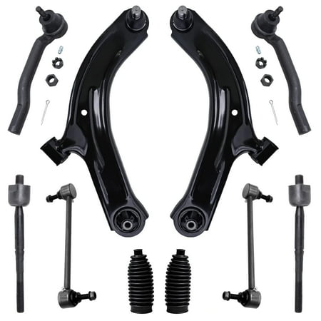 Detroit Axle - 10pc Front Lower Contro Arms w/Ball Joints Assembly & Sway Bars, Inner Outer Tie Rod Ends & Rack Boots Kit for 2009-2014 Nissan Cube - [2007-2012 Versa]