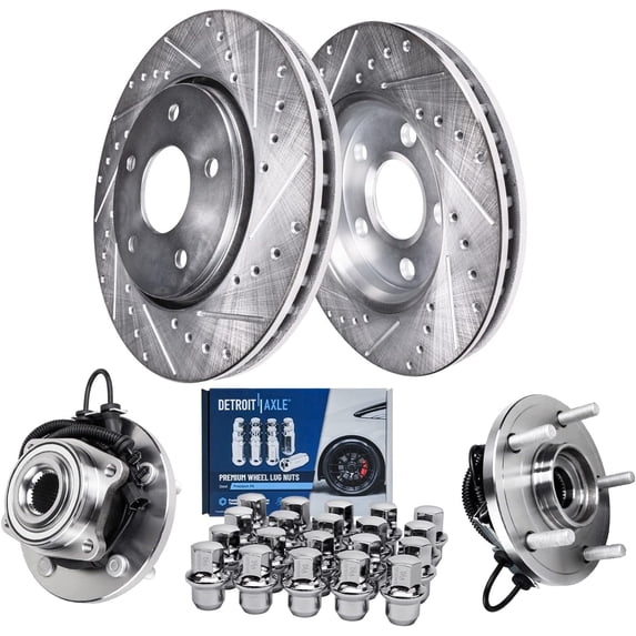 Detroit Axle - Front Brake Kit for Chrysler Town & Country Dodge Grand Caravan VW Routan Ram C/V, 2 Drilled & Slotted Disc Brake Rotors 2 Wheel Bearing & Hubs 20 Wheel Lug Nuts: 11.89" inch Rotor