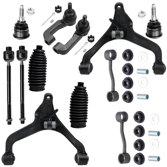 Detroit Axle - 12PC Front Lower Control Arms w/Ball Joints + Sway Bar Links + Tie Rods & Steering Boots Replacement for 2002-2004 Jeep Liberty