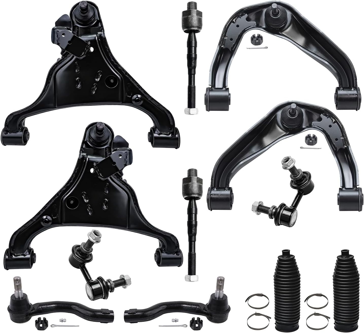 Detroit Axle - 12pc Front End Kit for 2005-2015 Nissan Frontier Xterra 2005-2012 Pathfinder, 4 Upper Lower Control Arms with Ball Joints 4 Outer Inner Tie Rod Ends 2 Boots 2 Sway Bars Replacement