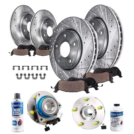 Detroit Axle - 12pc Front & Rear Drilled and Slotted Rotors Ceramic Brake Pads w/Hardware, Front Wheel Hub Bearings for 2006-2010 Chevy Impala w/ 4-wheel ABS - [2006-2007 Monte Carlo] - FWD ONLY