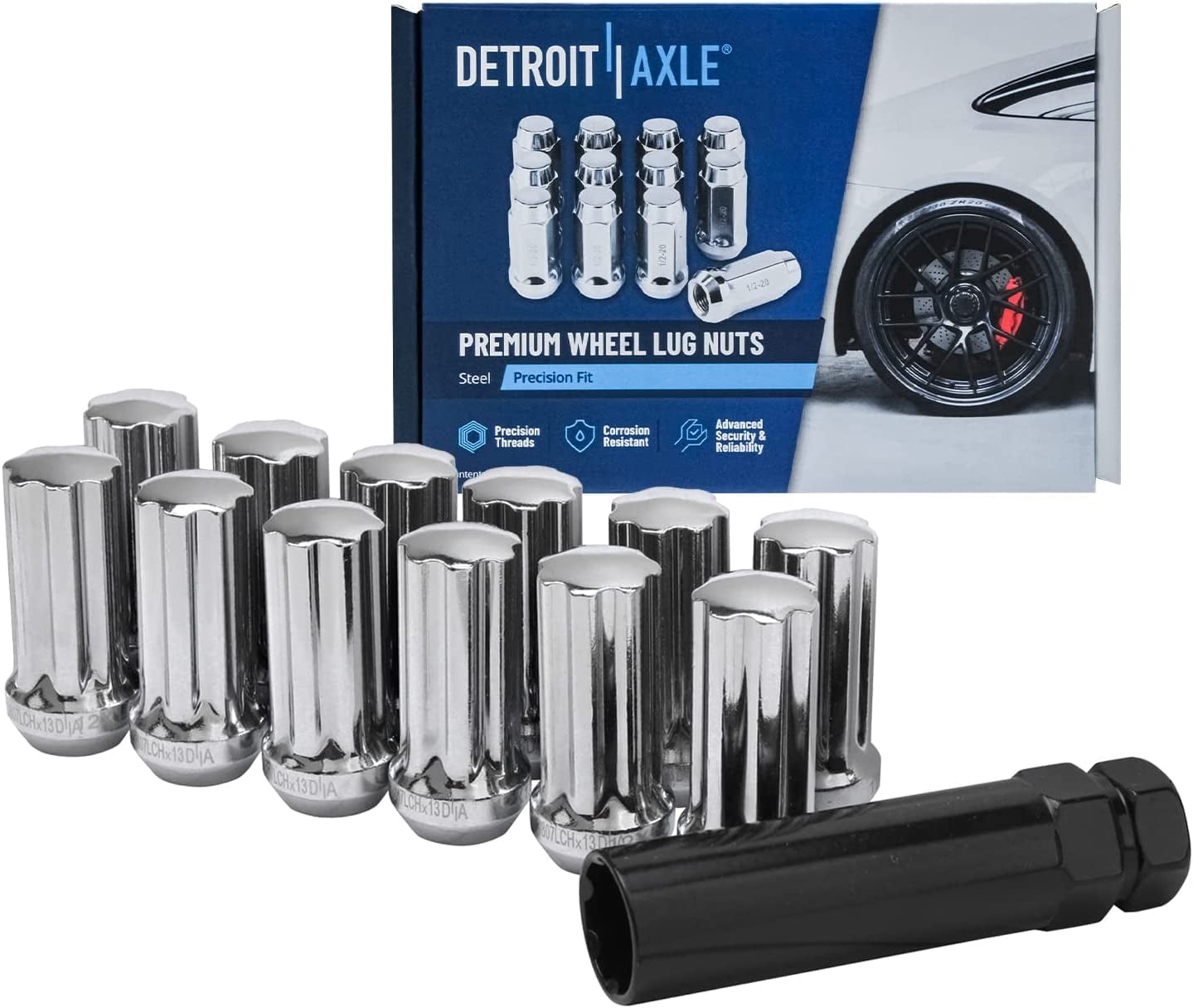 Detroit Axle - 12x1.5 Chrome Lug Nuts w/one Key Replacement for Saab 9-7X Chevy Trailblazer SSR GMC Envoy Buick Rainier Isuzu Ascender - 13pc Set