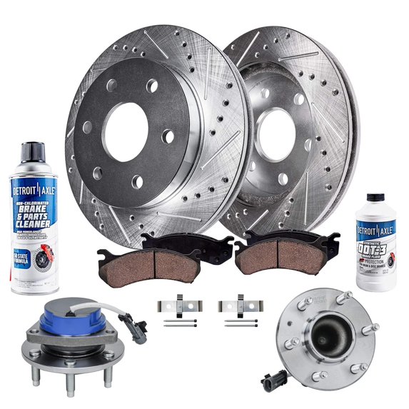 Detroit Axle - 13.98" (355mm) Front Drilled Slotted Rotors and Pads Wheel bearing and Hubs Replacement for Cadillac CTS STS - 8pc Set