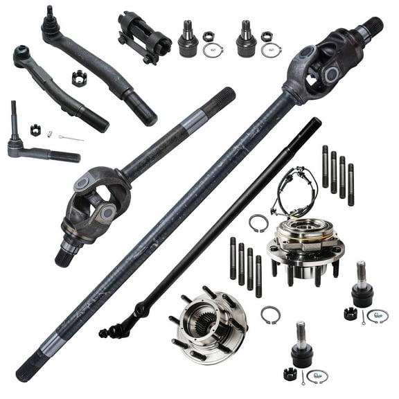 Detroit Axle - 13pc Front CV Axle Shafts + Wheel Hub & Bearing Assembly + Lower & Upper Ball Joints + Outer Tierods + Drag Link Suspension Kit for 4WD Single Rear Axle Dana 60 Models