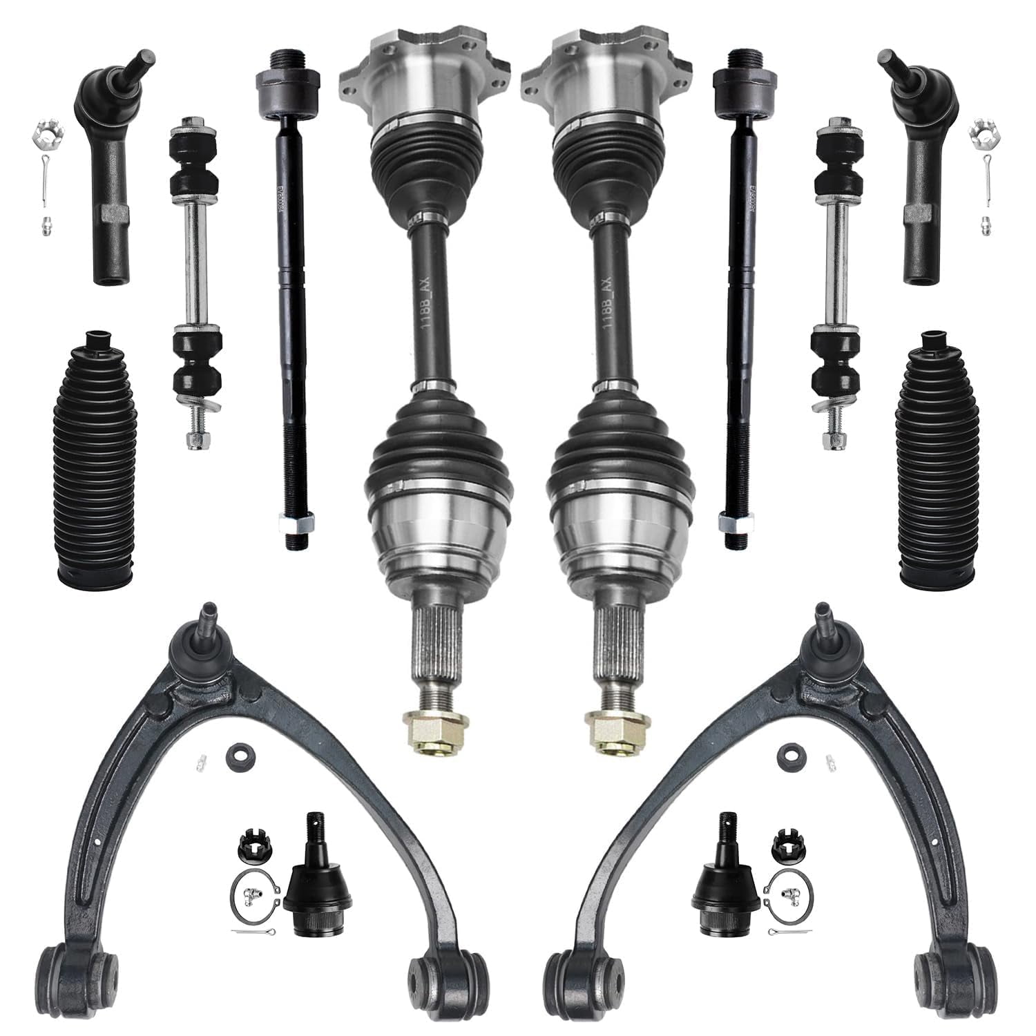 Detroit Axle - 14pc Suspension Kit for 6 Lug 4WD 2007 2008-2013 Silverado Suburban Sierra Yukon XL 1500, 2 CV Axles, 2 Upper Control Arms, 2 Lower Ball Joints, 4 Tie Rods, 2 Sway Bar Links, 2 Boots