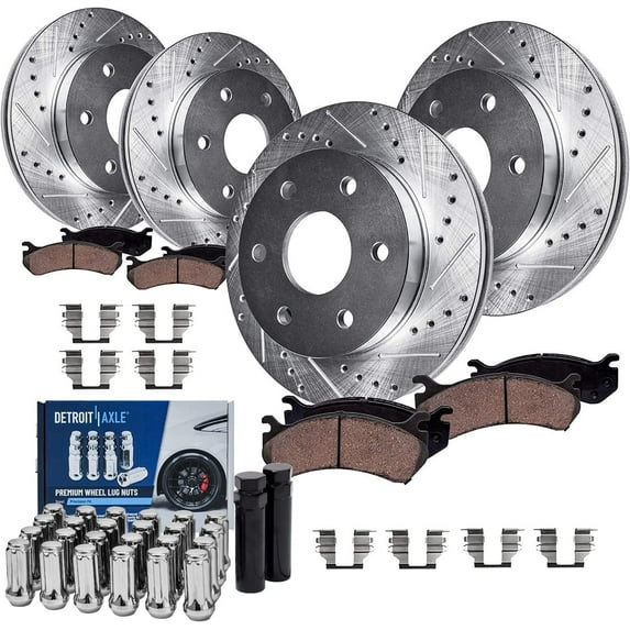 Detroit Axle - 4WD Brake Kit for Chevy GMC Silverado Sierra 1500 Tahoe, 12'' inch Front & 12.79'' inch Rear Drilled Slotted Brake Rotors Ceramic Brake Pads Wheel Lug Nuts Socket Keys Replacement