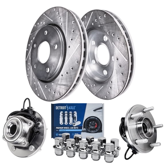 Detroit Axle - Front Brake Kit for Chrysler Town & Country Dodge Grand Caravan VW Routan Ram C/V, Drilled & Slotted Brake Rotors Wheel Bearing Hubs Wheel Lug Nuts: 11.89" Rotor