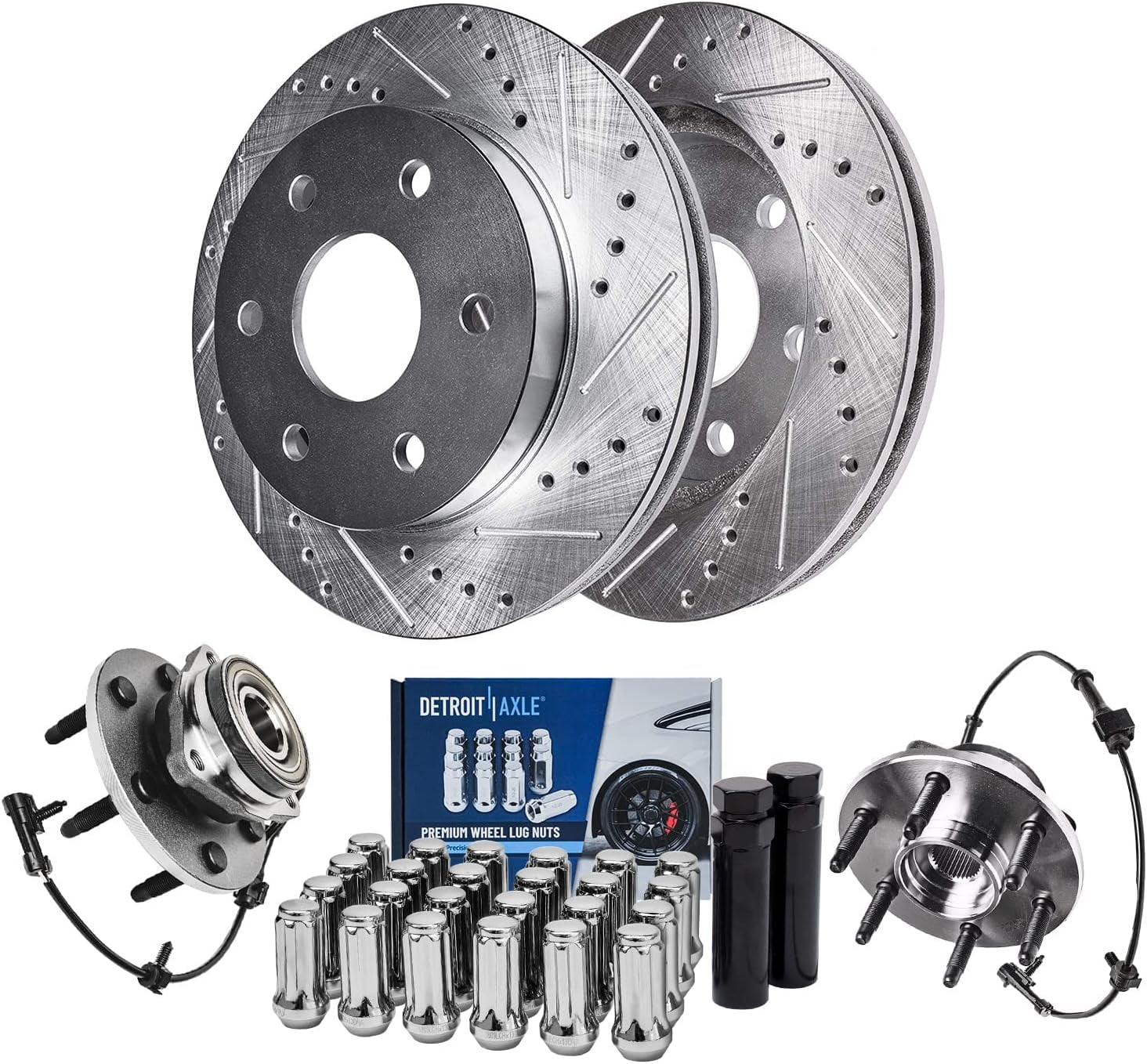 Detroit Axle 305mm Front Drilled Rotors Wheel Hubs + 24pc Lug Nuts w