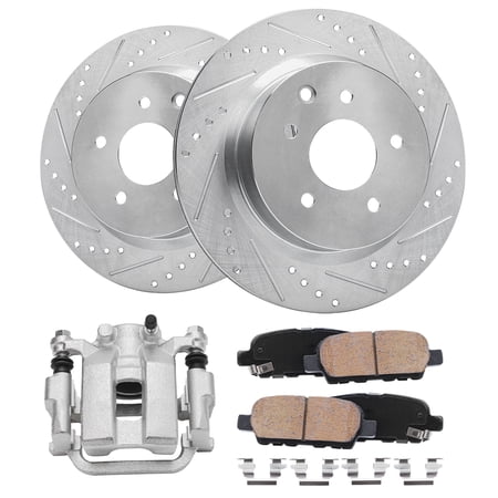 Detroit Axle - 308mm Rear Drilled & Slotted Rotors Ceramic Pads Left Brake Caliper Replacement for Infiniti G35 G37 M35 M45 Nissan 350Z 370Z