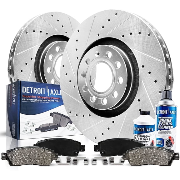 Detroit Axle - Front Brake Kit for Volkswagen Golf Alltrack GTI Audi A3 Quattro Drilled & Slotted Disc Brake Rotors Replacement Ceramic Brake Pads: 12.28" Rotor