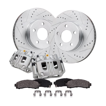 Detroit Axle - 4WD Front Brake Kit for 2003-2011 Ford Ranger, 2001-2002 Explorer Sport Trac, 2003-2009 B4000, Drilled & Slotted Disc Brake Rotors Ceramic Brake Pads Brake Calipers Replacement