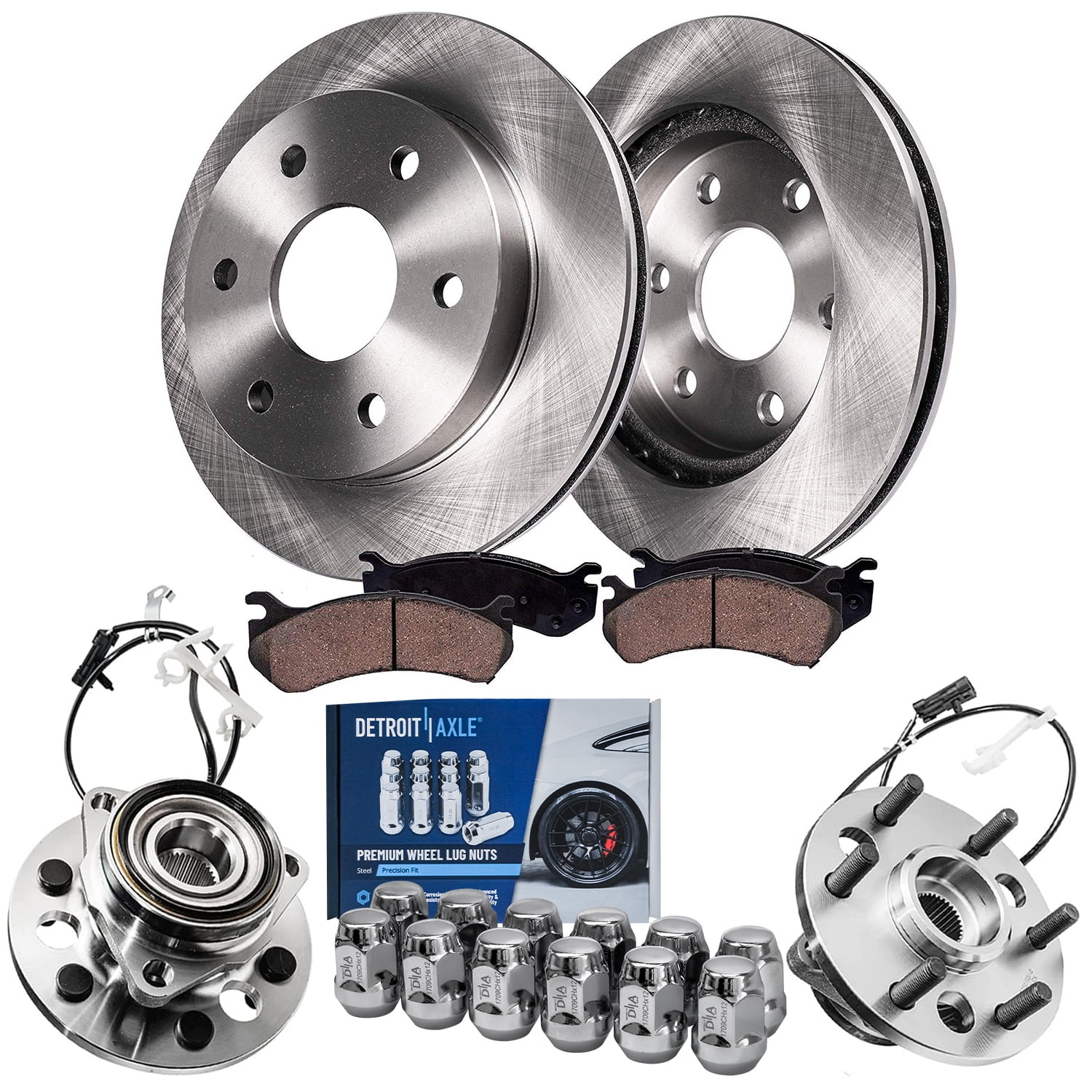 Detroit Axle 4WD Front Disc Rotors Brake Pads Wheel Hub Bearings Lug
