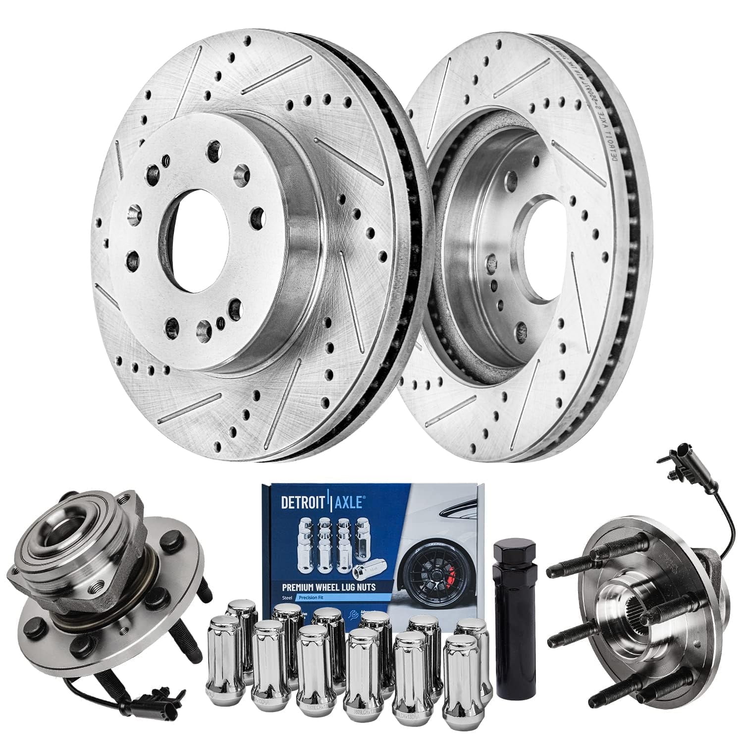 Detroit Axle - 4WD Front Drilled Brake Rotors Wheel Bearing Hubs Lug ...