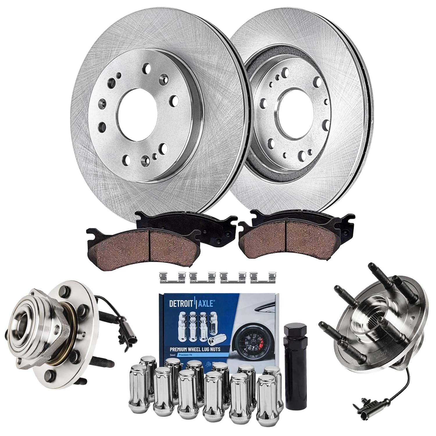 Detroit Axle - 4WD Front Disc Rotors Brake Pads Wheel Bearing Hubs Lug ...