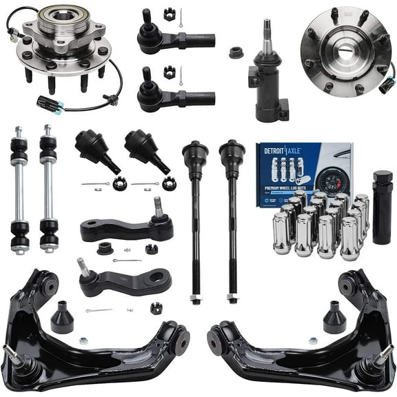 Detroit Axle - 4WD Front Wheel Hubs Control Arms Suspension Kit + 16pc Lugnuts w/Key Replacement for Silverado Sierra 2500 3500 8 Lugs - 32pc Set