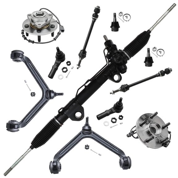 Detroit Axle - 4x4 Power Steering Rack and Pinion Front Wheel Hub Bearing and Upper Control Arms Replacement for 2002 2003 2004 2005 Dodge Ram 1500 5-Lug w/ABS NO Extended Crew Cab Models - 11pc Set