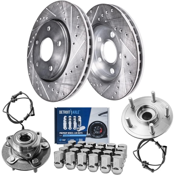 Detroit Axle - 5 Lugs Front Drilled & Slotted Brake Rotors + Wheel Hub Bearings + 24pc Wheel Lug Nuts Replacement for 2012-2018 Ram 1500