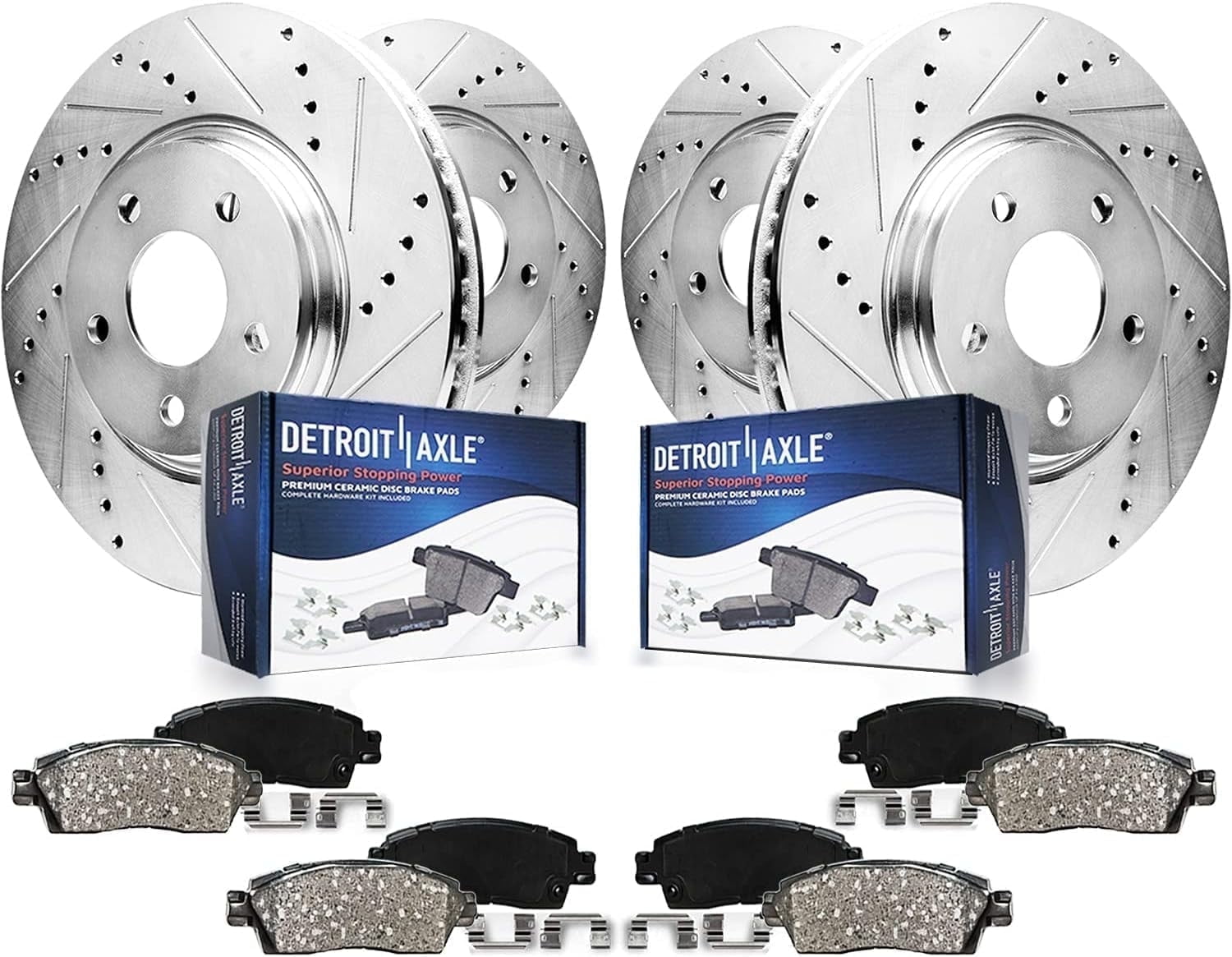 Detroit Axle - Brake Kit for 2014-2024 Infiniti Q50, 2017-2022 Q60, Drilled Slotted Disc Brake Rotors Ceramic Brake Pads : 12.60" inch Front and 12.13" inch Rear Rotors