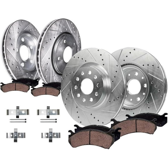 Detroit Axle - 8pc Brake Kit for 2014 Cadillac CTS [V; Sedan], Drilled and Slotted Brakes Rotors Ceramic Brake Pads Replacement : 13.58" inch Front and 14.37" inch Rear Rotor