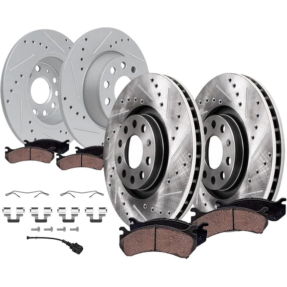 Detroit Axle - 8pc Brake Kit for Volkswagen Jetta Eos CC Audi A3 Quattro 12.28" inch Front and 11.10" inch Rear Drilled and Slotted Disc Brake Rotors Ceramic Brakes Pads 2010 Replacement