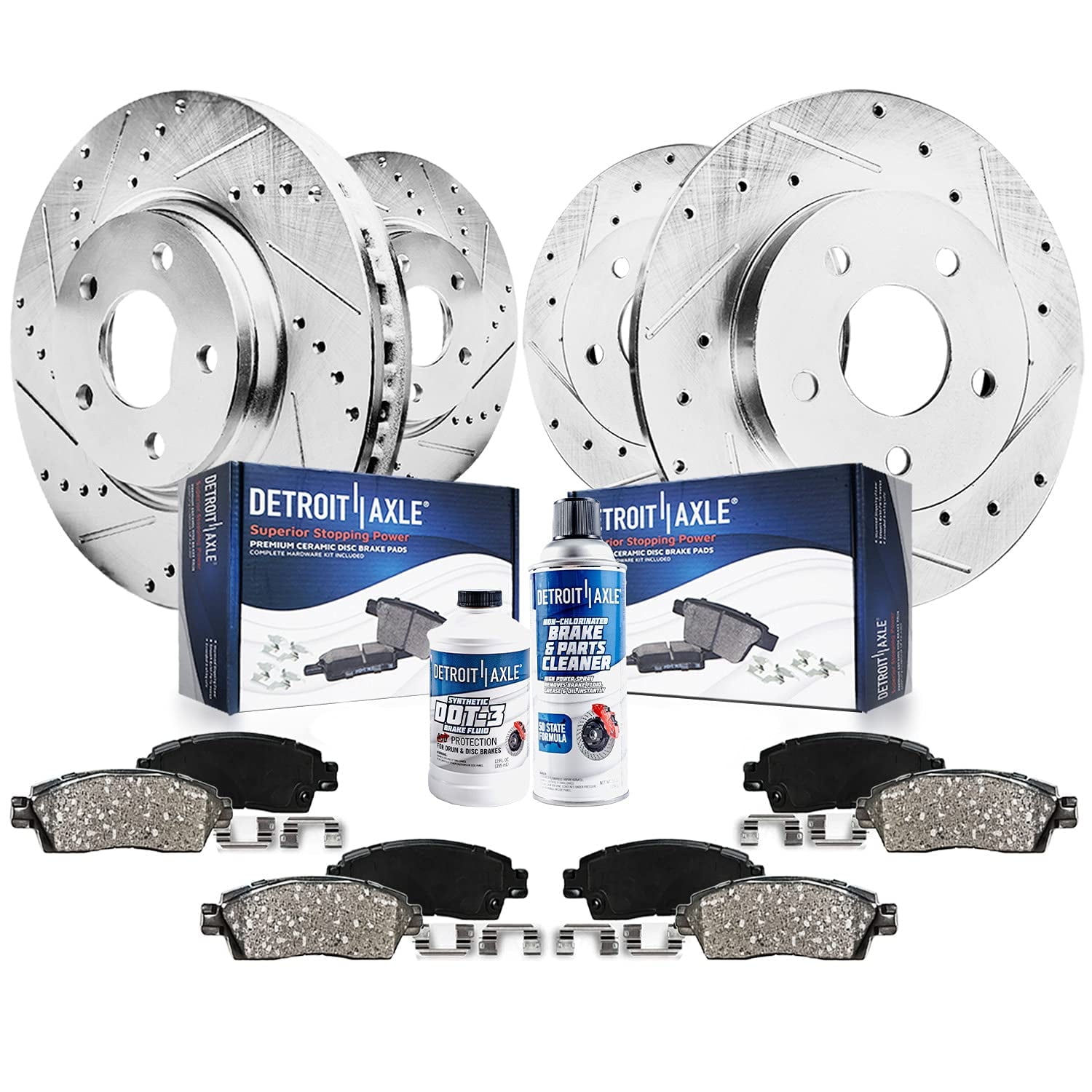 Detroit Axle - Brake Kit for 2000 VW Beetle, 1999-2006 Jetta, 1999-2006 Golf, 11.02" Front and 9.13'' Rear Drilled & Slotted Brake Rotors Ceramic Brake Pads Replacement