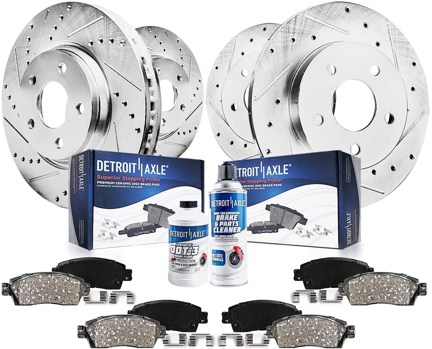 Detroit Axle - Brake Kit for Toyota 2007-2011 Camry 2008-2012 Avalon Lexus 2007-2012 ES350, Drilled & Slotted Disc Brake Rotors Ceramic Brakes Pads Front and Rear 2009 2010 Replacement