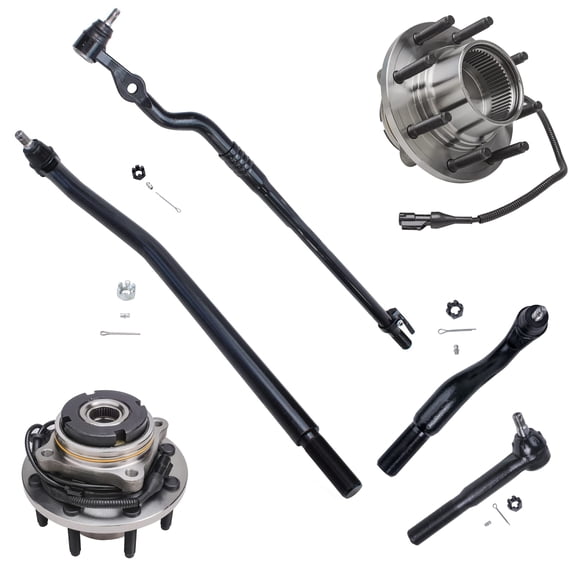 Detroit Axle - Complete Front Wheel Hub And Bearing Assembly + Inner And Outer Tie Rod Ends Replacement For Ford F-350 F-250 Super Duty Excursion 2003 2004 [4WD w/ ABS SRW Fine Threads] - 6pc Set