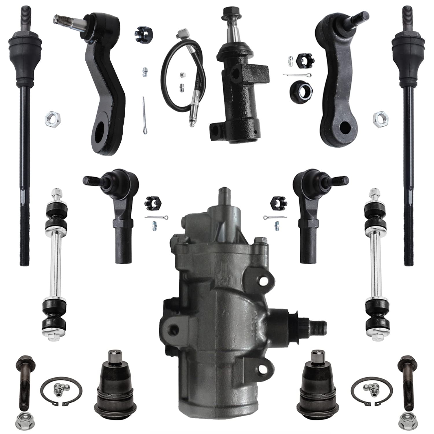 Detroit Axle - Front 12pc Gear Box Kit for 2007-2017 Chevy Express GMC Savana 2500 3500, Power Steering Gear Box Sway Bars Tie Rods Upper Ball Joints Pitman Idler Arms Bracket Replacement