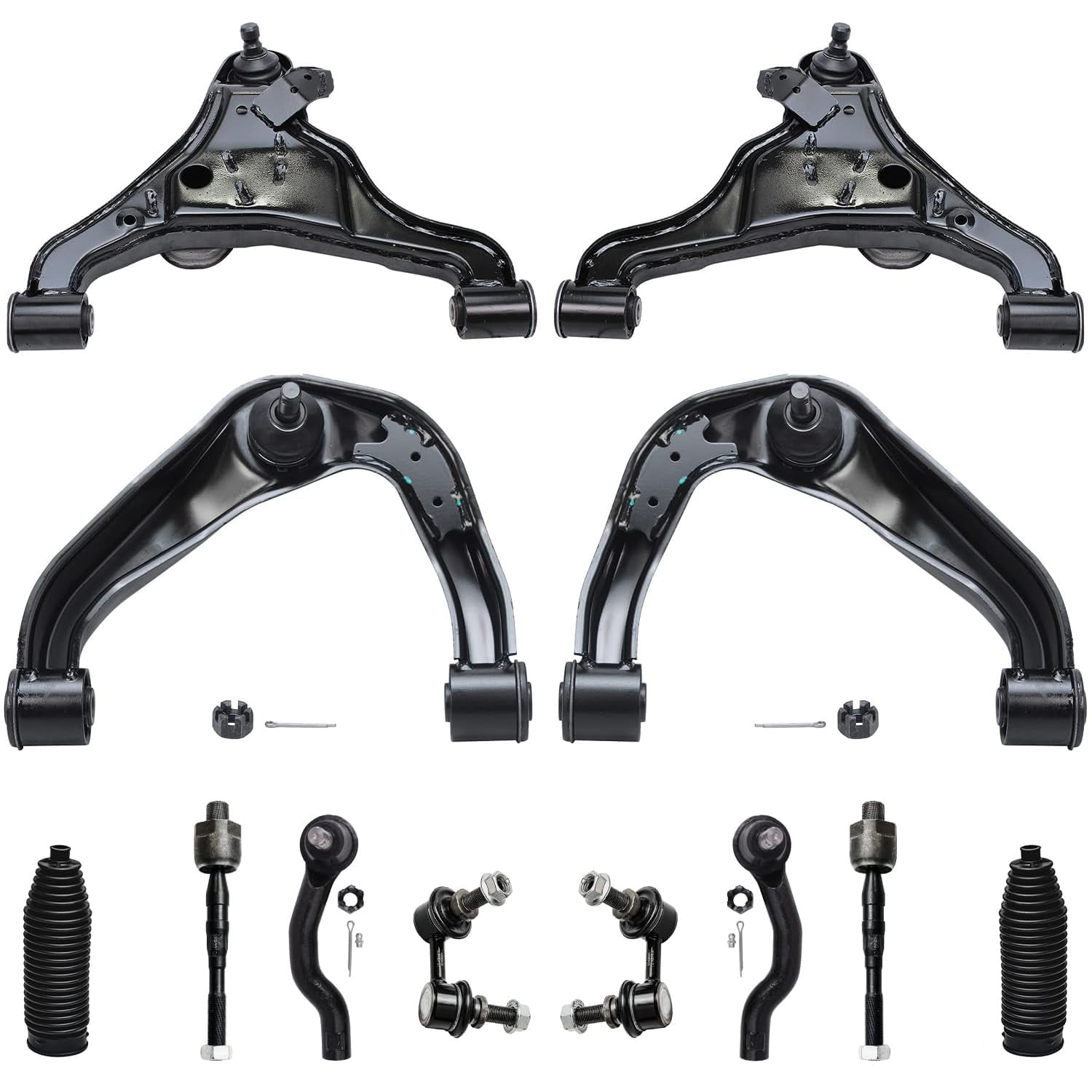 Detroit Axle - Front 12pc Suspension Kit for Nissan Frontier Pathfinder Xterra, 4 Lower & Upper Control Arms 4 Outer & Inner Tie Rods 2 Sway Bars 2 Boots Replacement