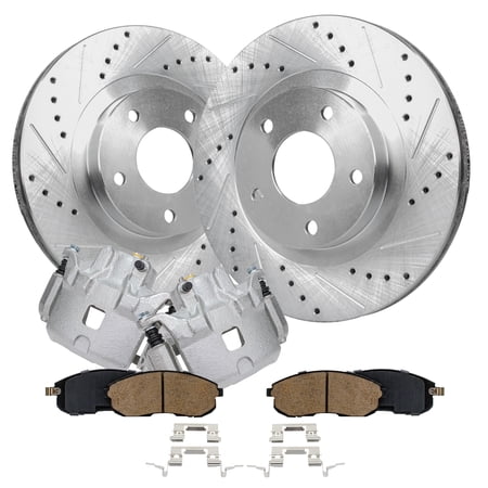 Detroit Axle - Front Brake Kit for 02-06 Nissan Altima 2002-2003 Maxima 2002-2004 Infiniti I35 Drilled Slotted Brake Rotors Brake Calipers w/Brackets Ceramic Brakes Pads Replacement