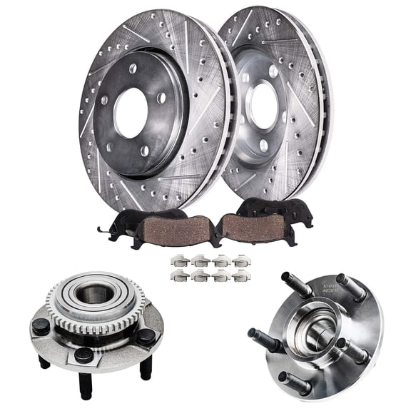 Detroit Axle - Front Brake Kit for 1999-2004 Ford Mustang Base GT Drilled Slotted Brake Rotors Ceramic Brakes Pads Wheel Bearing Hubs 2000 2001 2002 2003 Replacement
