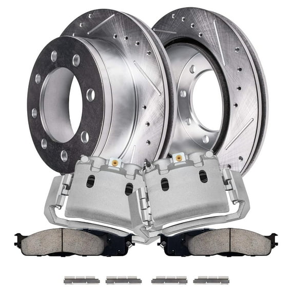 Detroit Axle - Front Brake Kit for 2003-2008 Dodge Ram 2500 3500 Drilled & Slotted Brake Rotors and Ceramic Brakes Pads Brake Calipers 2004 2005 2006 2007 Replacement