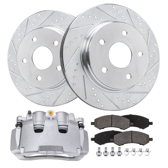 Detroit Axle -Front Brake Kit for 09-10 Dodge Ram 1500, 11-18 Ram 1500, 19-23 Ram 1500 Classic Drilled Slotted Brakes Rotors Brake Caliper Ceramic Brakes Pads Replacement : 13.23 inch Front Roto