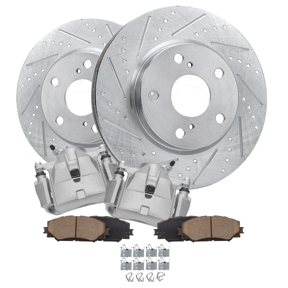 Detroit Axle - Front Brake Kit for 2012-2017 Prius V Rav4 Lexus HS250h, 2008-2015 Scion xB, Drilled Slotted Brake Rotors Brake Pads Brake Calipers 2013 2014 2016 Replacement : 10.83 inch Rotor