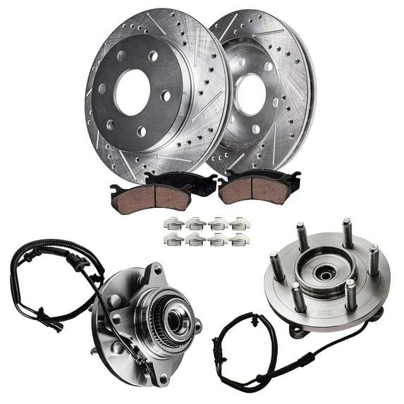 Detroit Axle - Front Brake Kit for 4WD 2011-2014 Ford F-150 Expedition Lincoln Navigator Drilled Brake Rotors Ceramic Brakes Pads Wheel Bearing Hubs 2012 2013 Replacement