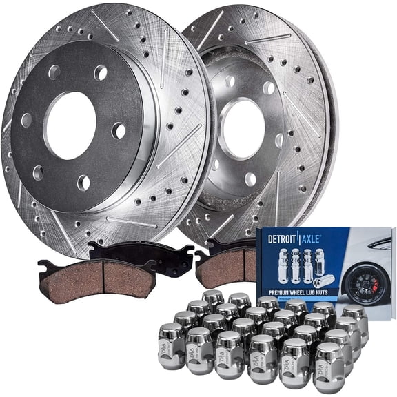 Detroit Axle - Front Brake Kit for 4WD Chevy GMC K1500 K2500 Escalade Yukon Tahoe Drilled Slotted Brake Rotors Ceramic Brakes Pads 24pc Wheel Lug Nuts Replacement