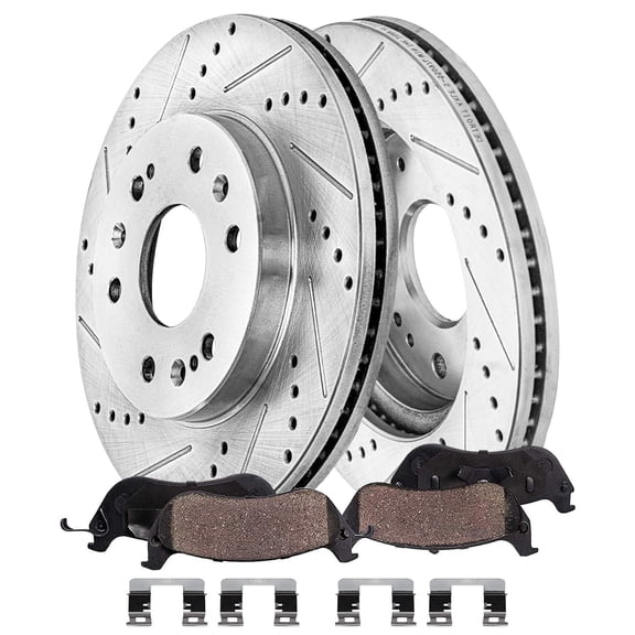 Detroit Axle - Front Brake Kit for Chevy GMC Silverado Suburban Sierra Yukon XL 1500 Avalanche Tahoe Cadillac Escalade ESV EXT, Drilled and Slotted Disc Brake Rotors Ceramic Brakes Pads Replacement