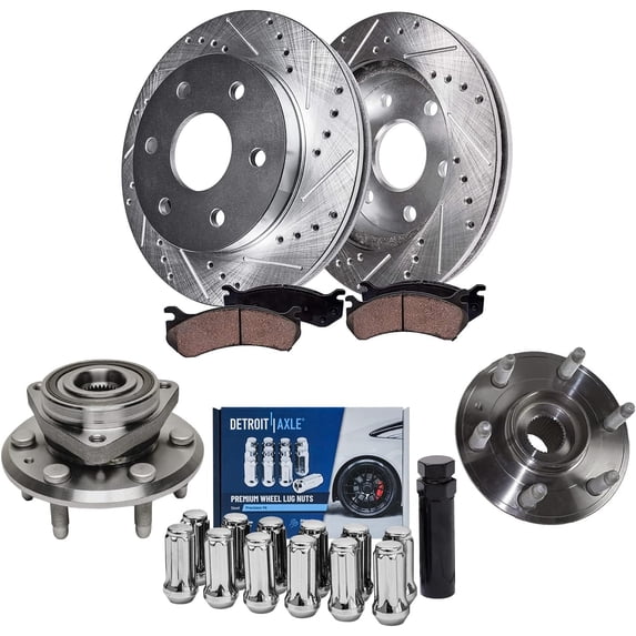 Detroit Axle - Front Brake Kit for Chevy Traverse GMC Acadia Buick Enclave Saturn Outlook Drilled Slotted Brake Rotors Ceramic Brakes Pads Wheel Bearing Hubs Assembly 12pc Wheel Lug Nuts Replacement