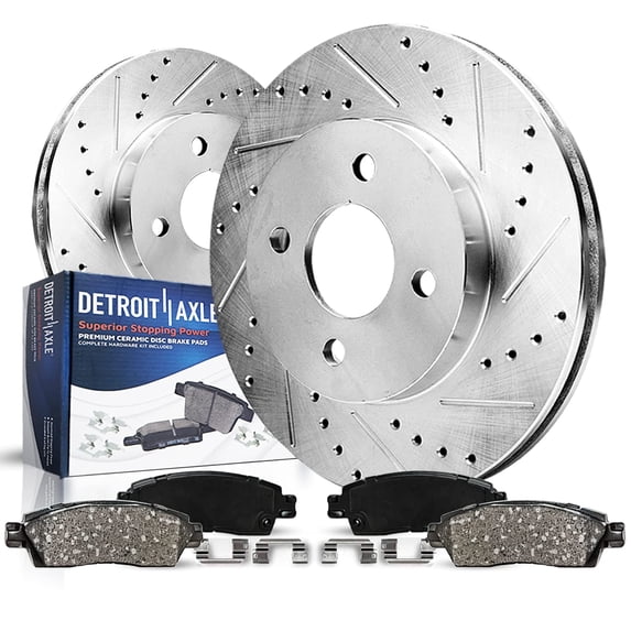 Detroit Axle - Front Brake Kit for Fiat 2012-2017 500, Drilled and Slotted Disc Brake Rotors Ceramic Brakes Pads 2013 2014 2015 2016 Replacement : 10.12" inch Brake Rotors