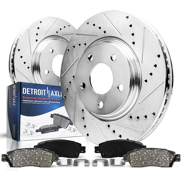 Detroit Axle - Front Drilled Rotors Ceramic Brakes Pads for Jeep Commanche Grand Cherokee Wagoneer Wrangler: 11.02" Front Rotors