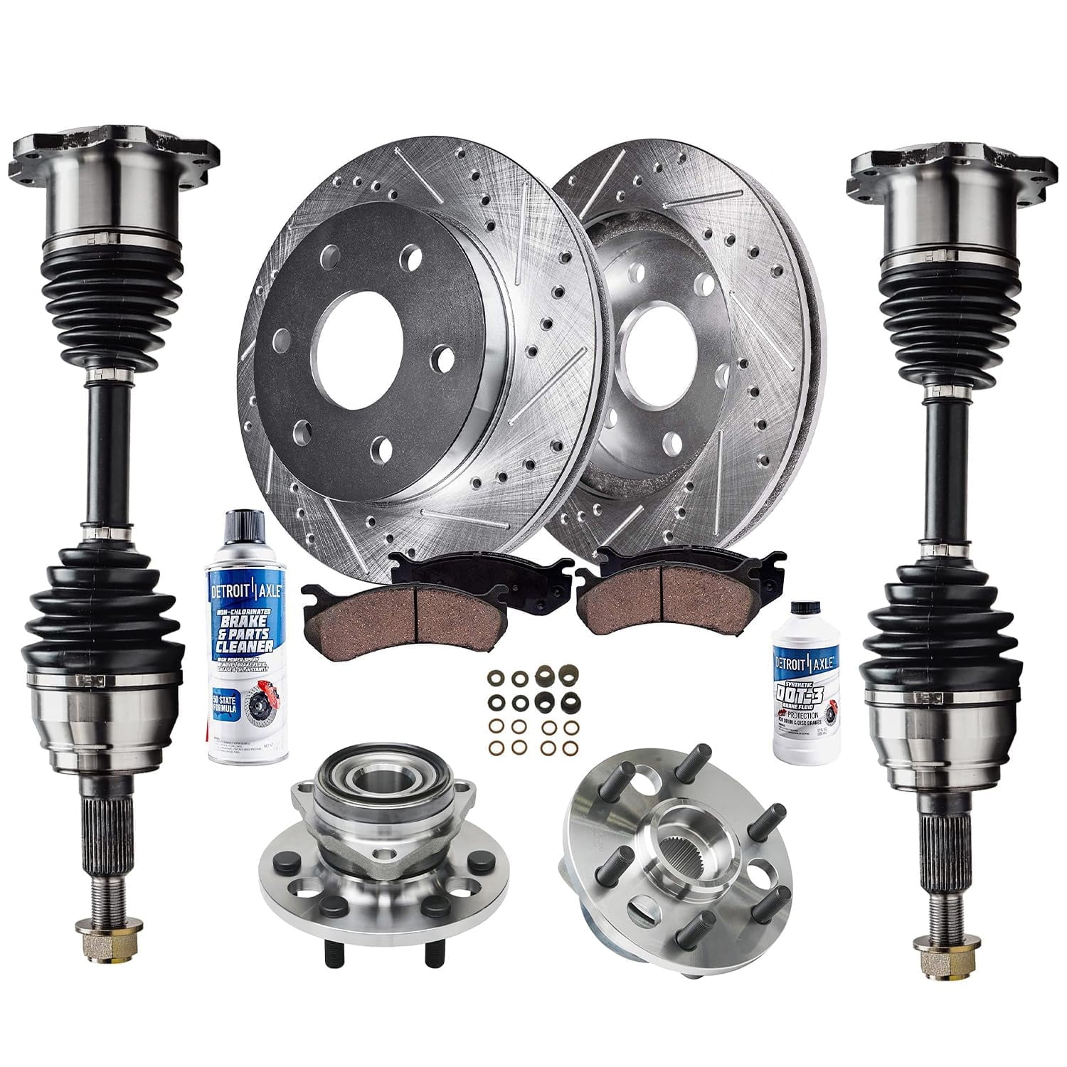 Detroit Axle - Front Brake Kit Wheel Bearing Hubs CV Axles for 4WD 6-Lug Chevy GMC K1500 K2500 Blazer Yukon Drilled Brake Rotors and Ceramic Brakes Pads Replacement