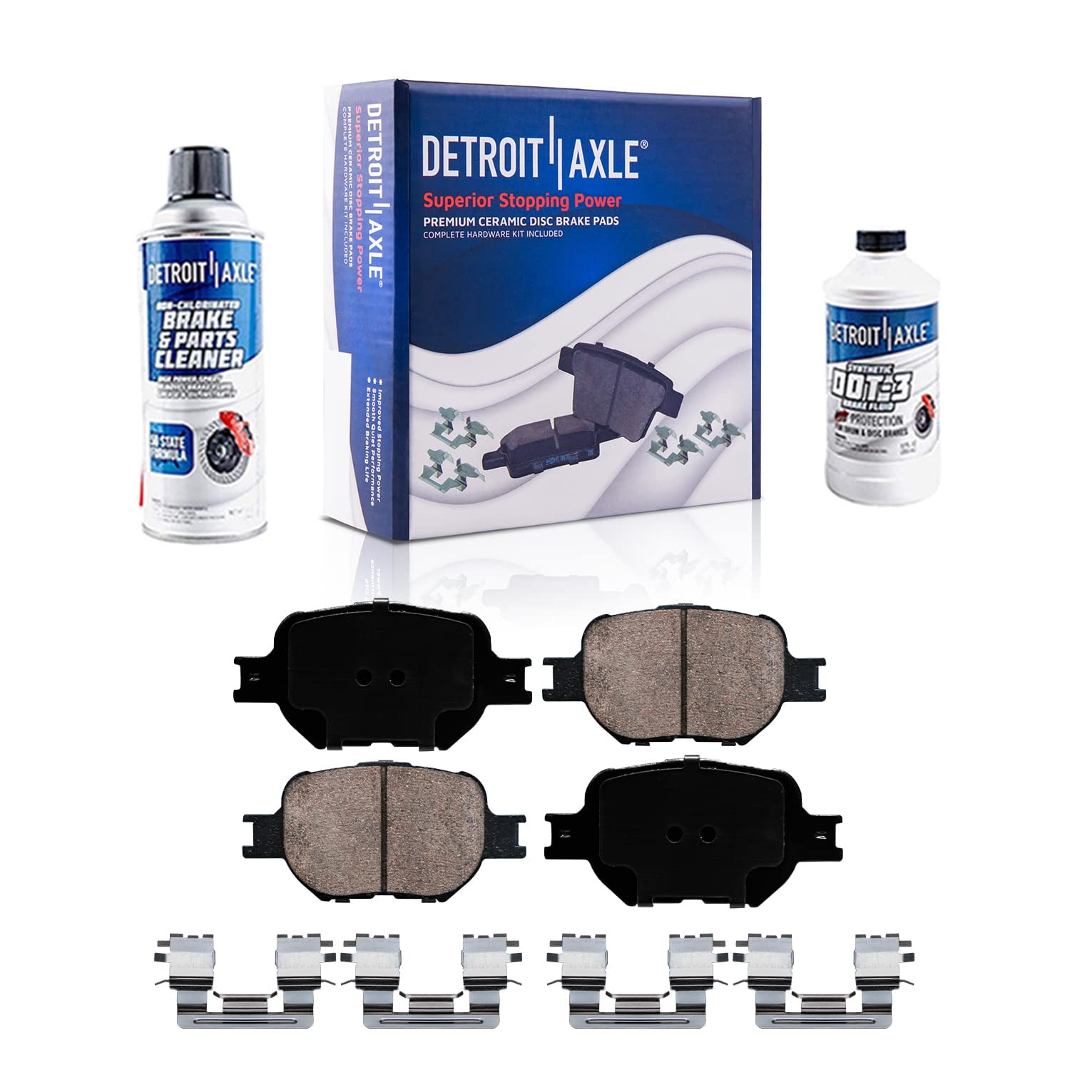 Detroit Axle Front Ceramic Pads w/ Hardware + Brake Cleaner Fluid