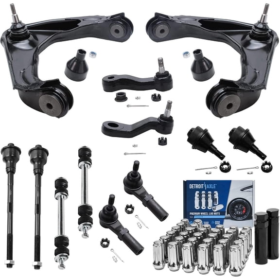 Detroit Axle - Front Control Arms w/ Ball Joints Tie Rods Pitman Idler Arm 32pc Lug Nuts w/ Keys Replacement for Silverado Sierra 1500 HD 2500