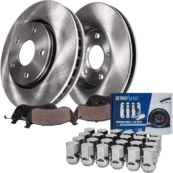 Detroit Axle - Front Disc Brake Rotors + Ceramic Brake Pads w/24pc Wheel Lug Nuts Replacement for 2012-2018 Ram 1500 5-Lugs - 28pc Set
