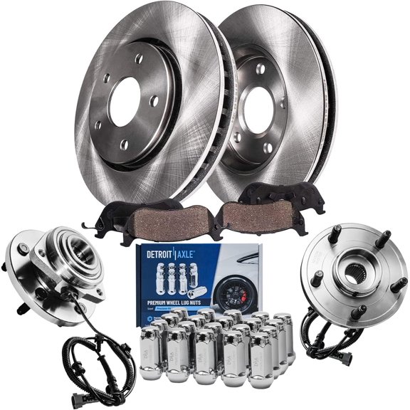 Detroit Axle - Front Disc Rotors Ceramic Brake Pads Wheel Hub Bearings + 20pc Lug Nuts Replacement for Jeep Grand Cherokee Commander - 26pc Set