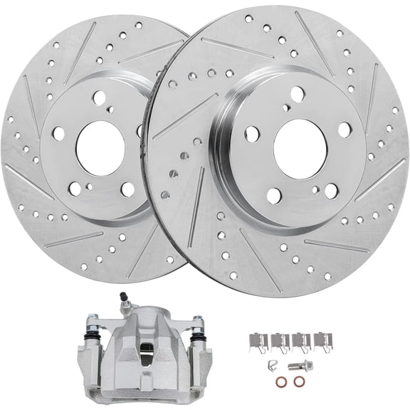 Detroit Axle - Front Drilled Brake Rotors + Right Brake Caliper Replacement for Toyota Matrix Corolla Scion xD Pontiac Vibe - 3pc Set Fits select: 2011-2013 TOYOTA COROLLA BASE/S/LE